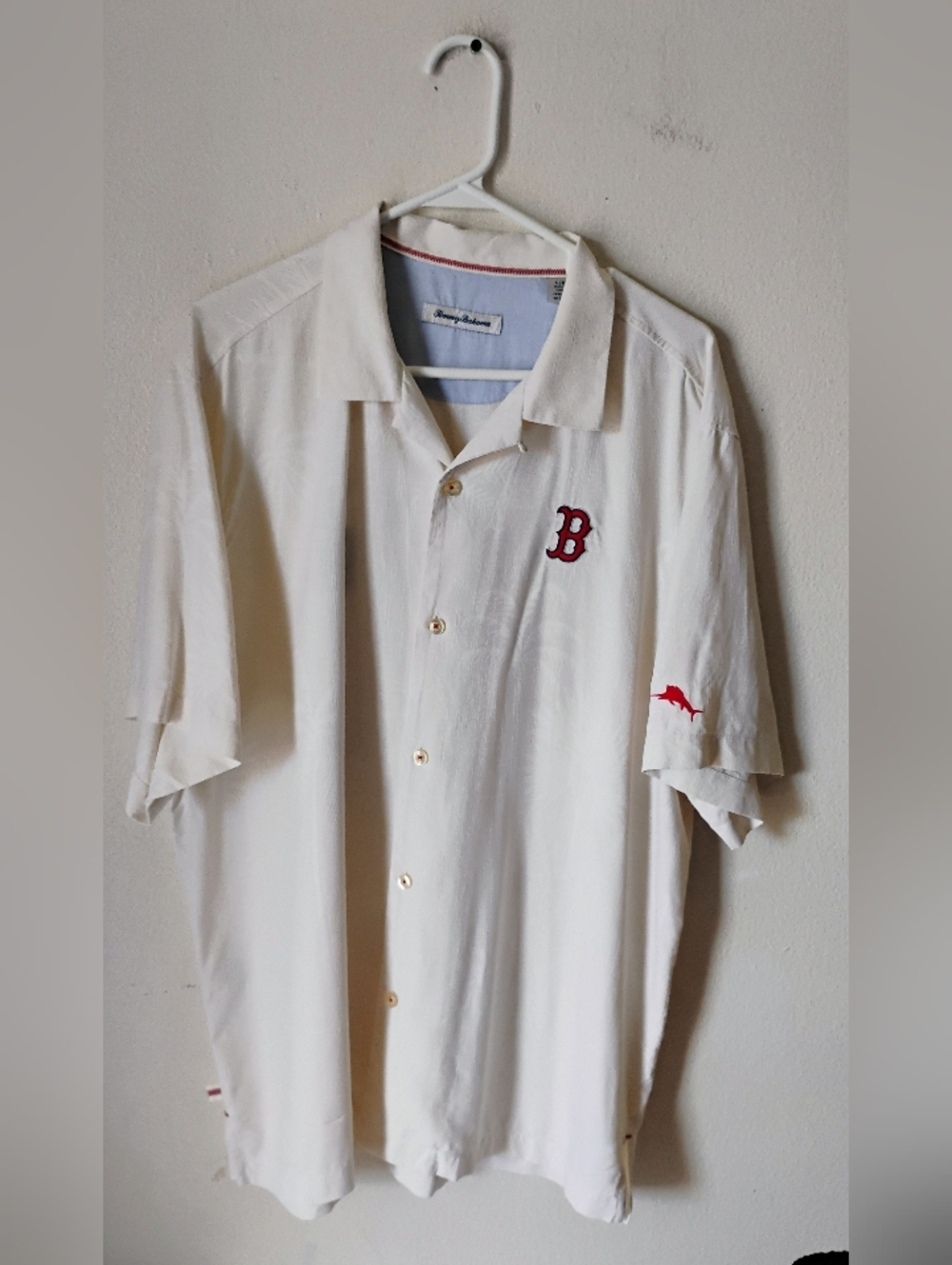 Tommy Bahama Boston Red Cream Short-Sleeve Button-Down Shirt with Red Embroidery